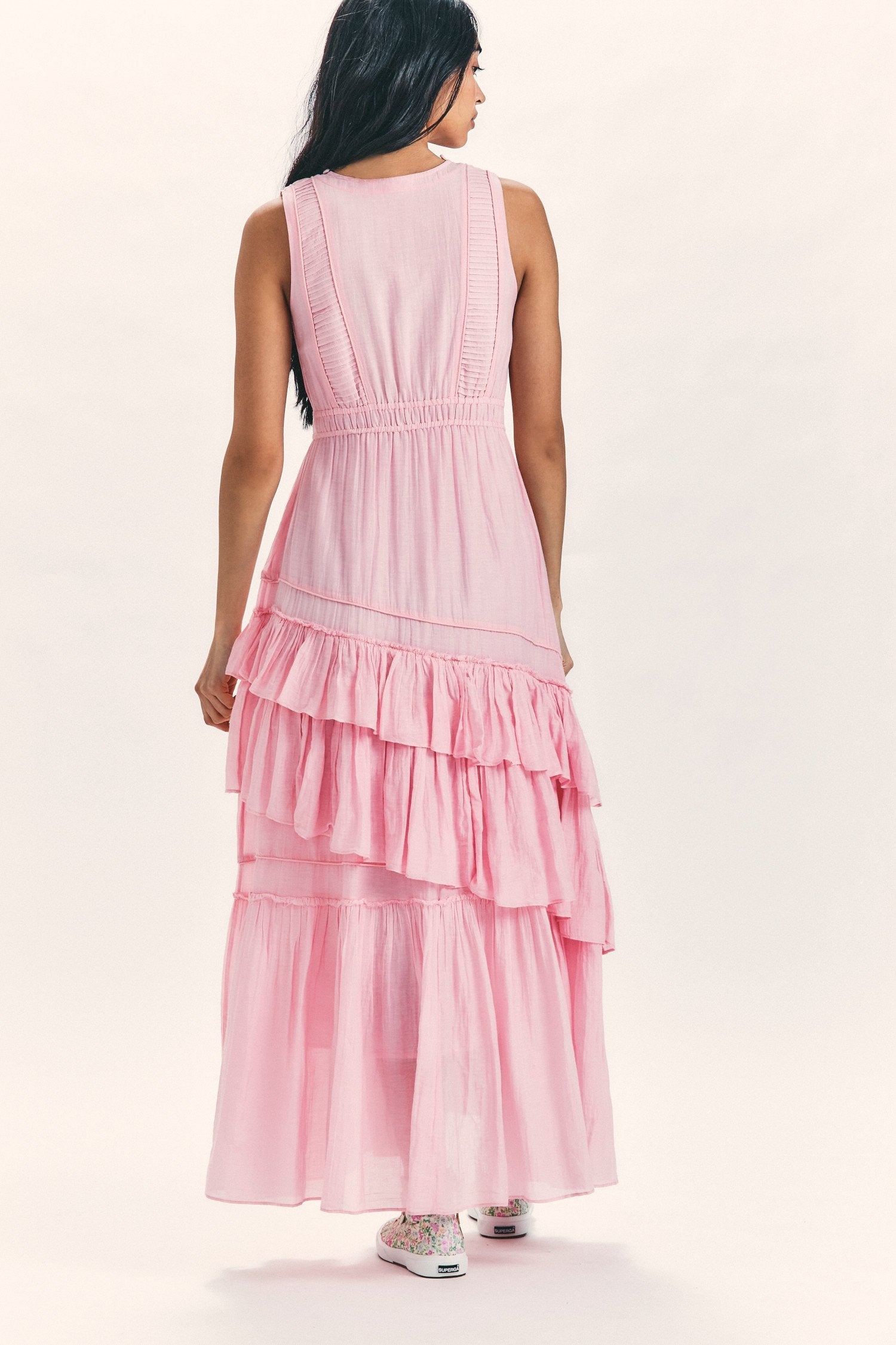 Women's pink maxi dress with double ruffle flounce