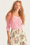 Womens heart knit crop long sleeve pink cardigan sweater