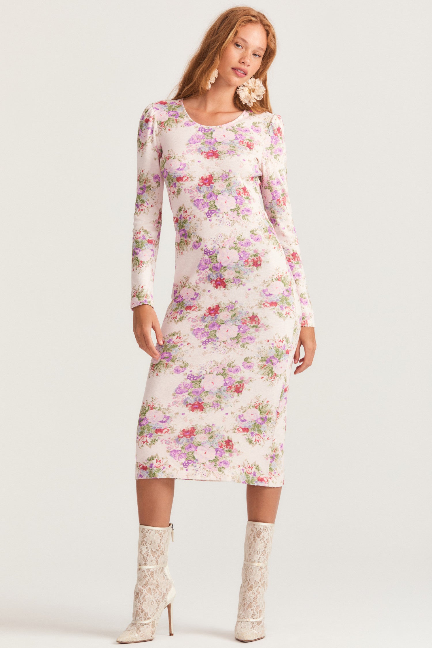 Womens long sleeve midi dress in full bloom floral print