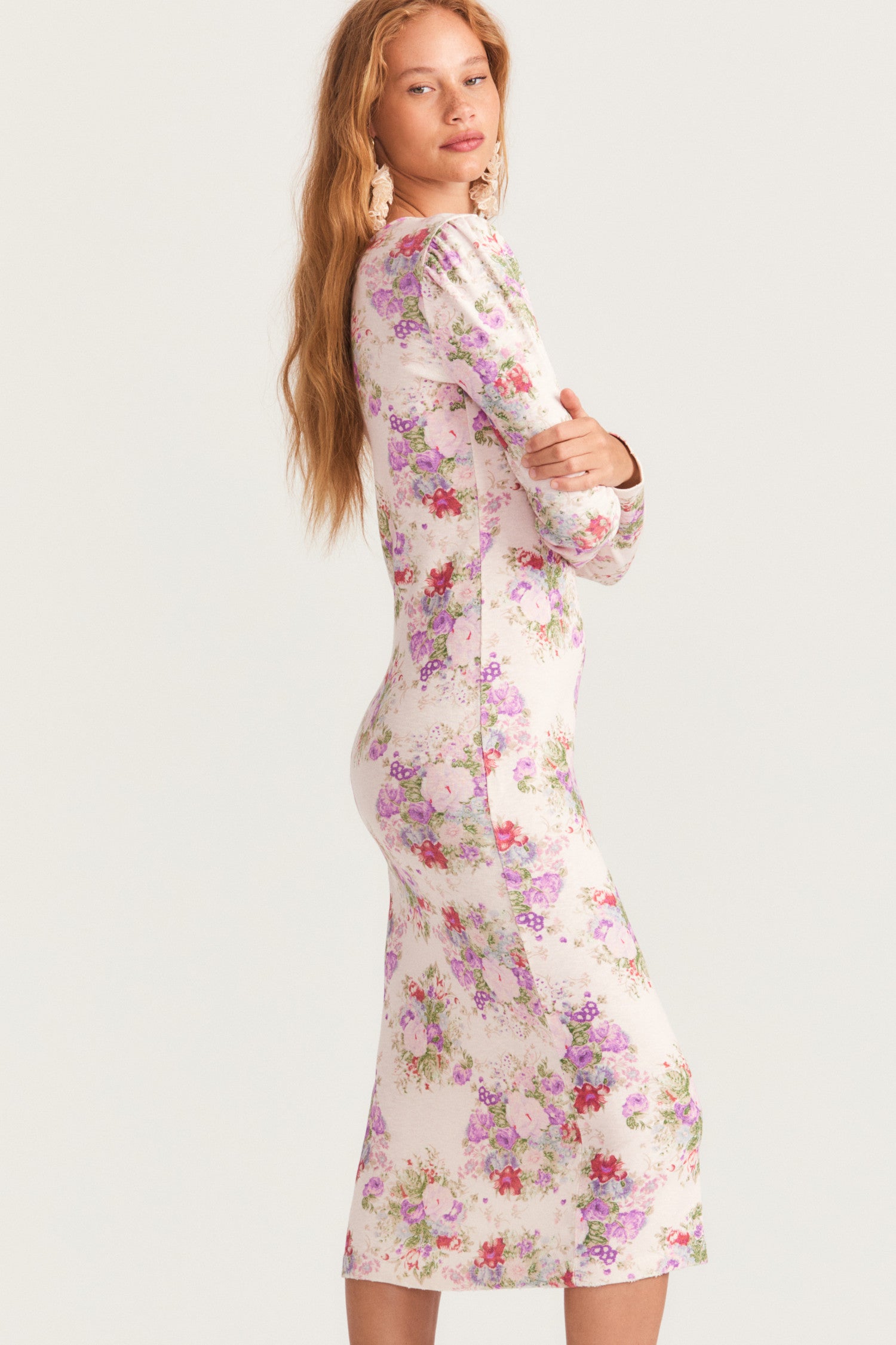 Womens long sleeve midi dress in full bloom floral print