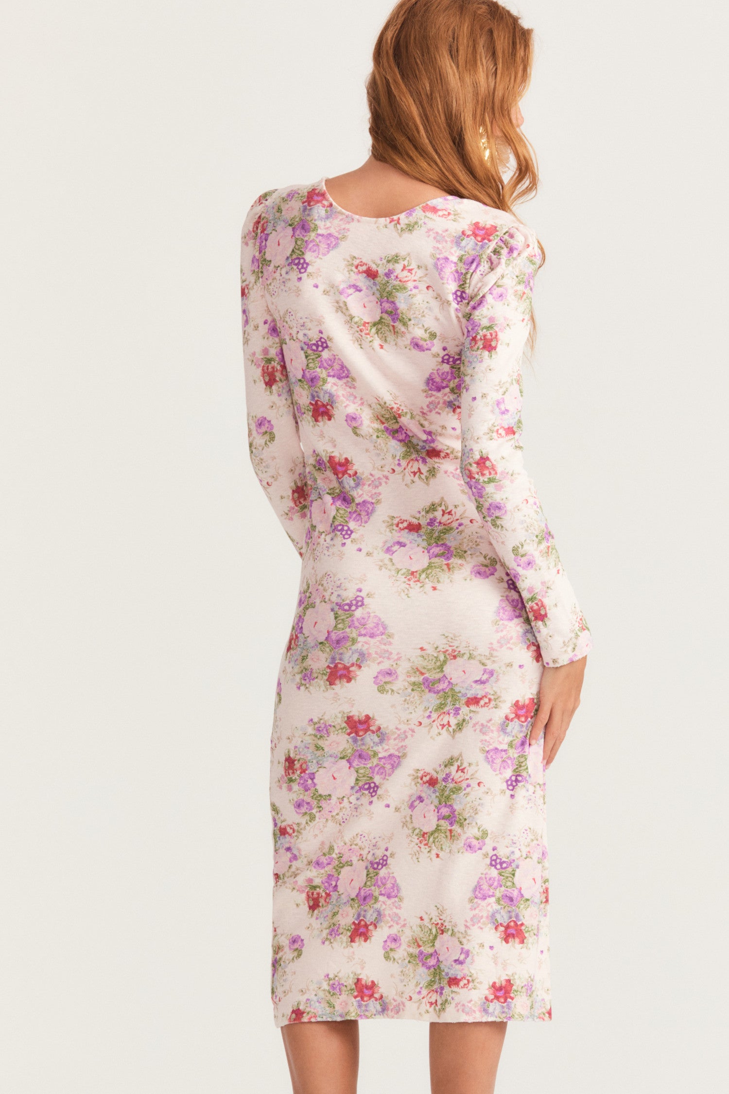 Womens long sleeve midi dress in full bloom floral print