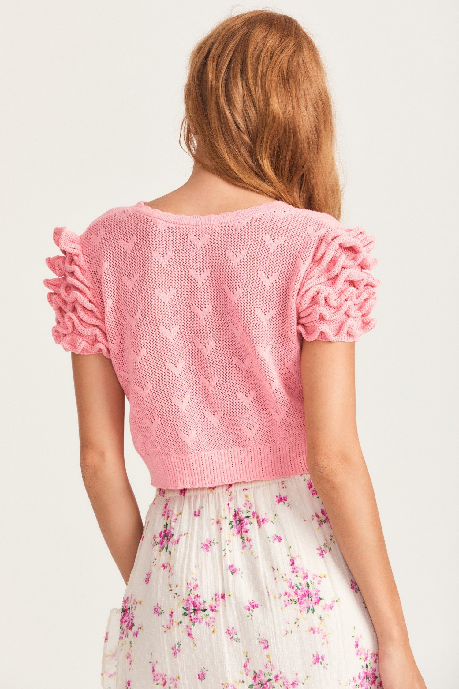 Womens heart knit pink crop cardigan with short sleeves