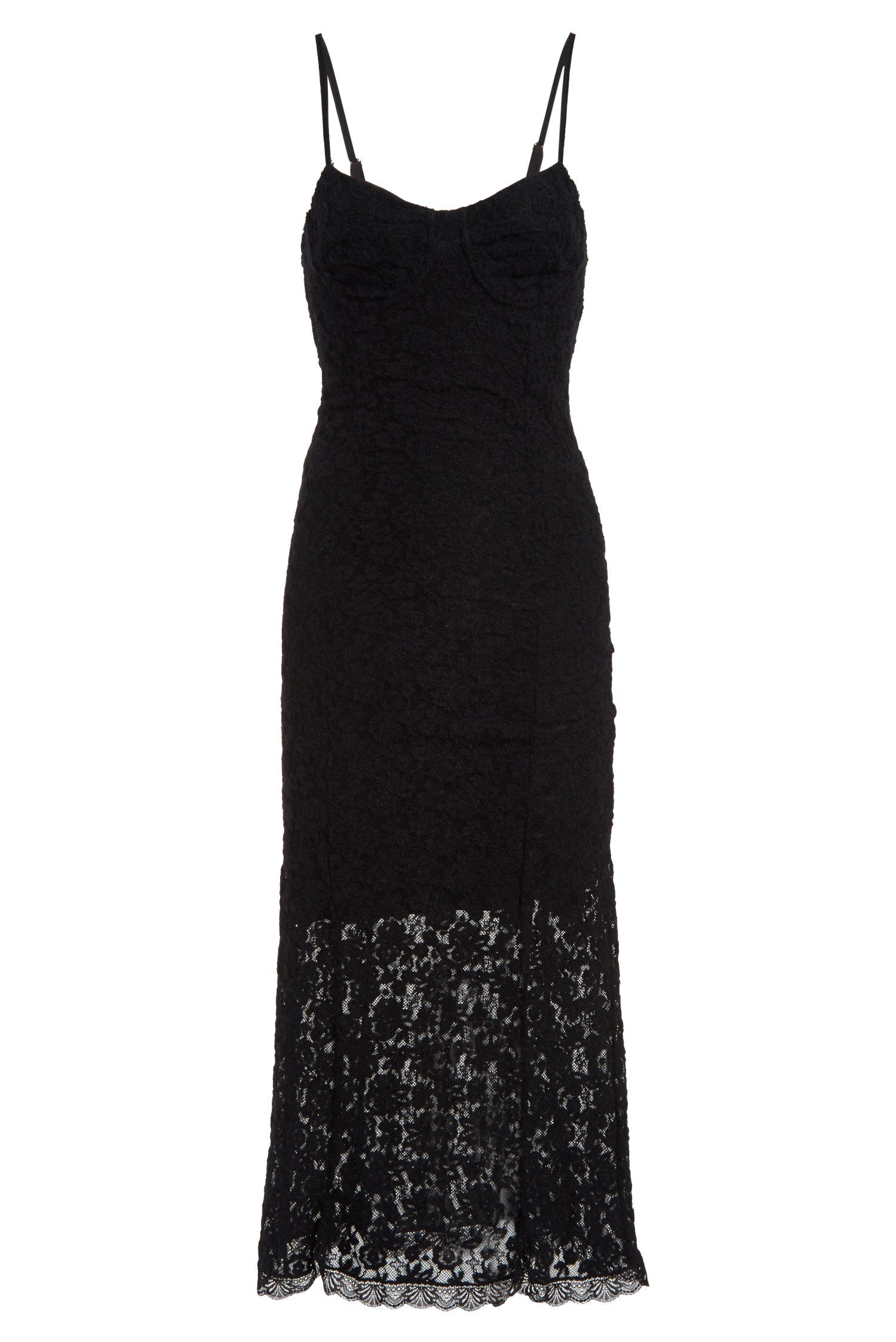 Black fitted midi dress with intricate floral lace detailing all over, and adjustable spaghetti straps.