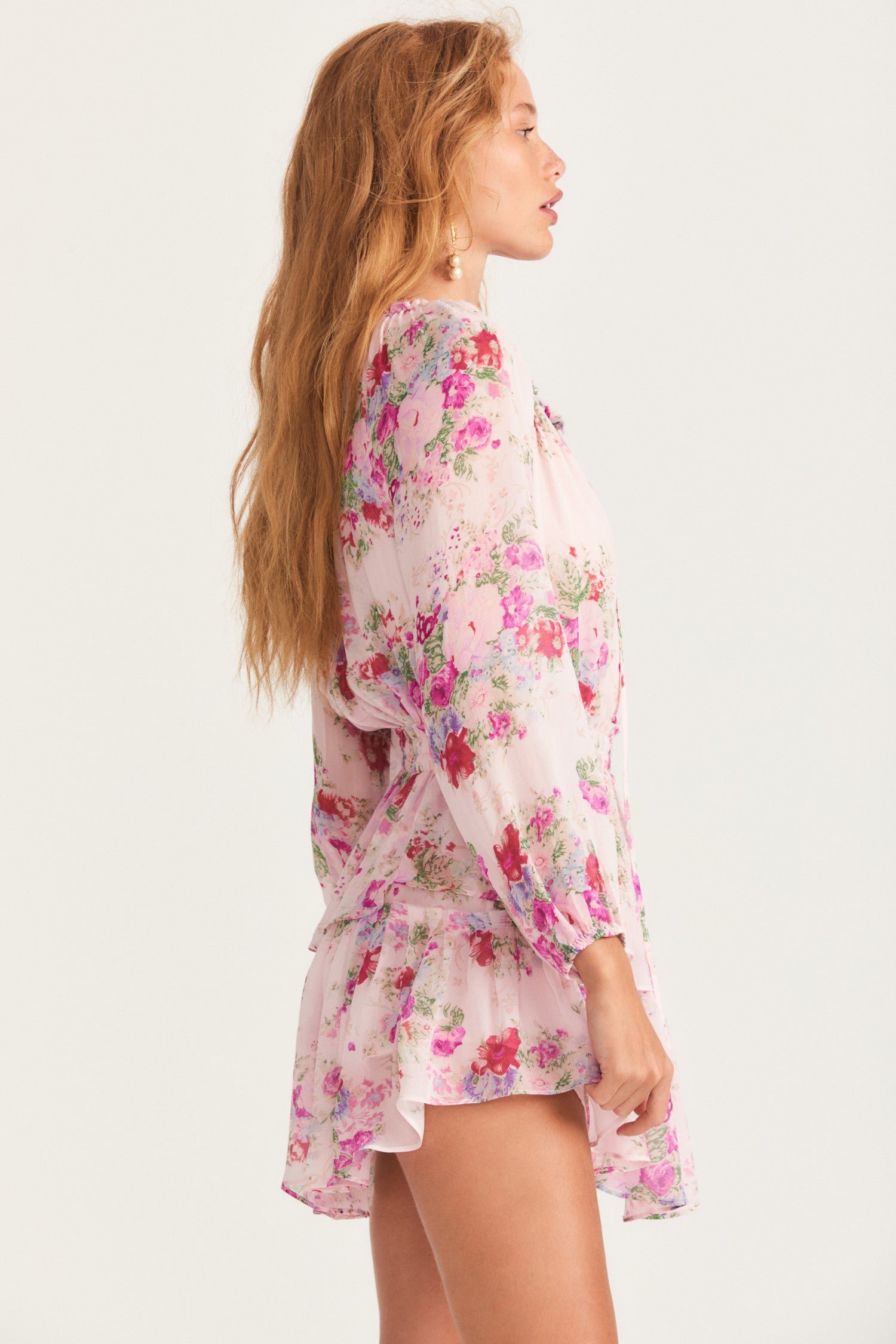 Womens mini full bloom floral dress with sheer sleeves and ruffle skirt