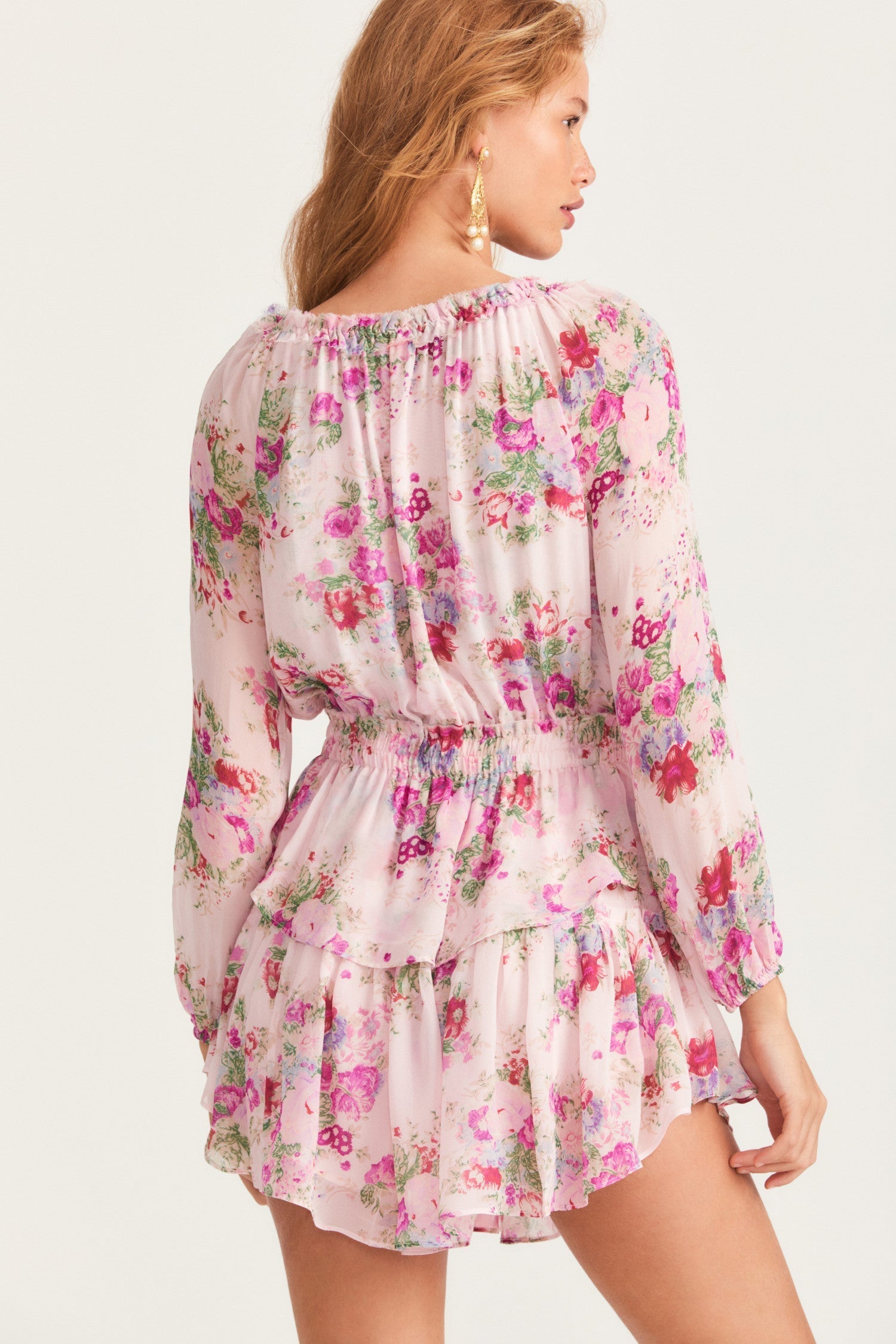 Womens mini full bloom floral dress with sheer sleeves and ruffle skirt