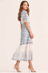 Women's white and blue embroidered puff sleeve midi dress