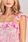 Womens pink tie-dyed cotton mini dress with ruffle detailing and cap sleeves