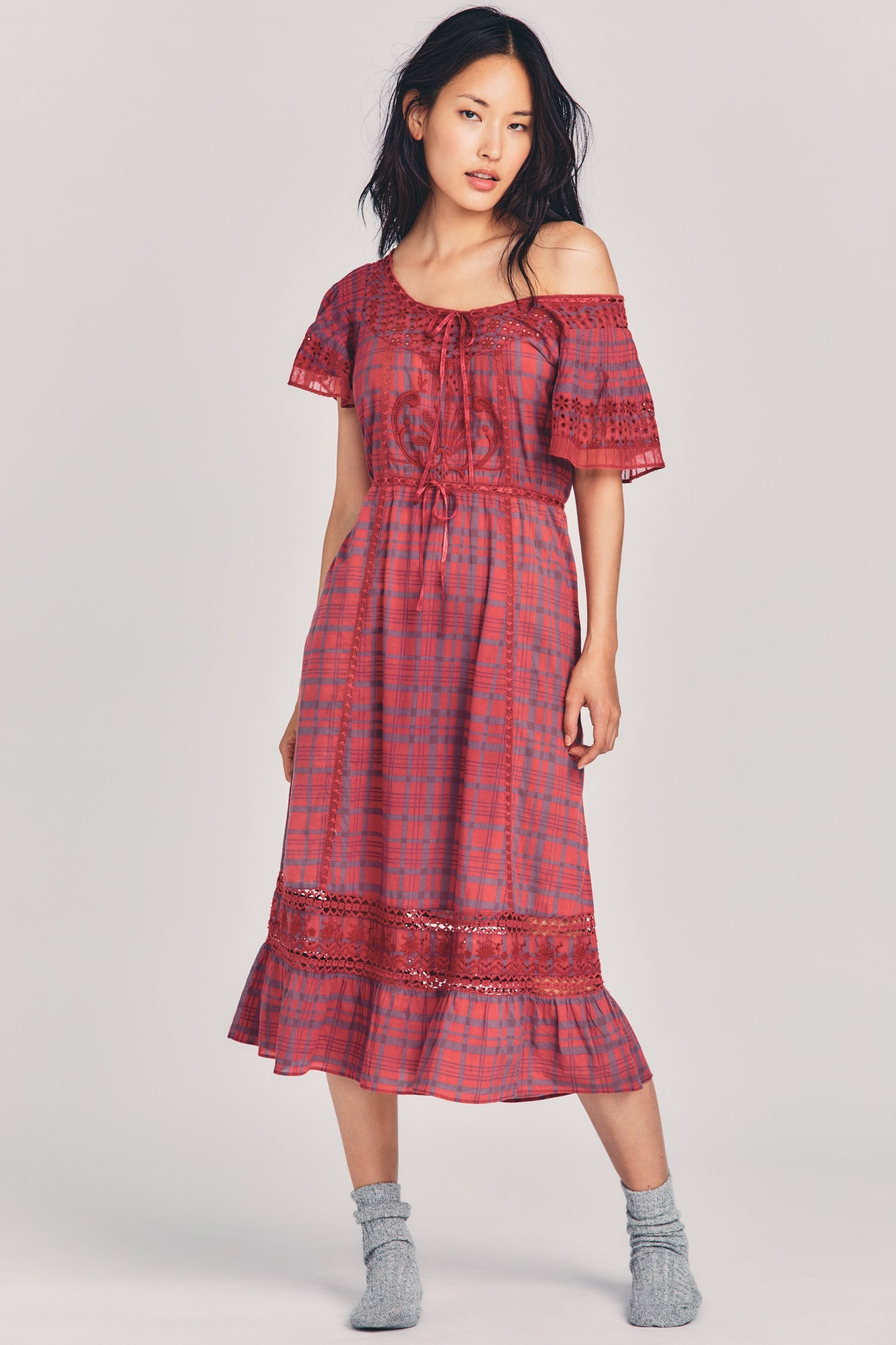 Womens faded red plaid print midi dress with embroidery and lace detailing and flutter sleeves