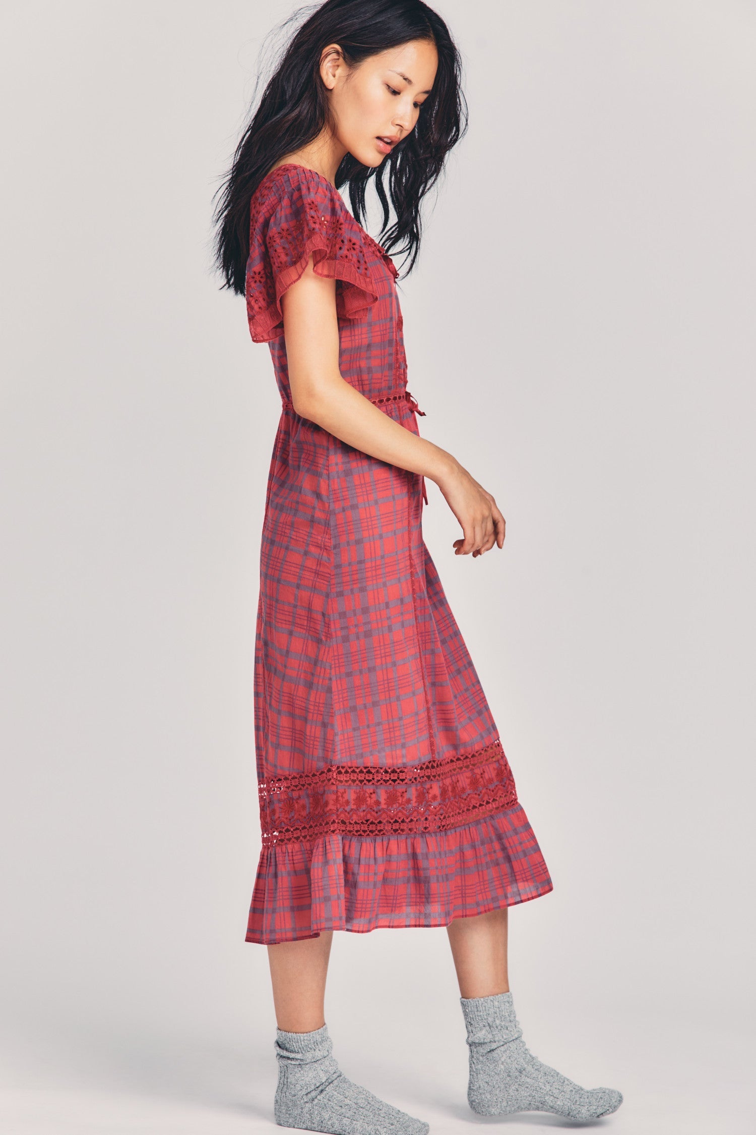 Womens faded red plaid print midi dress with embroidery and lace detailing and flutter sleeves