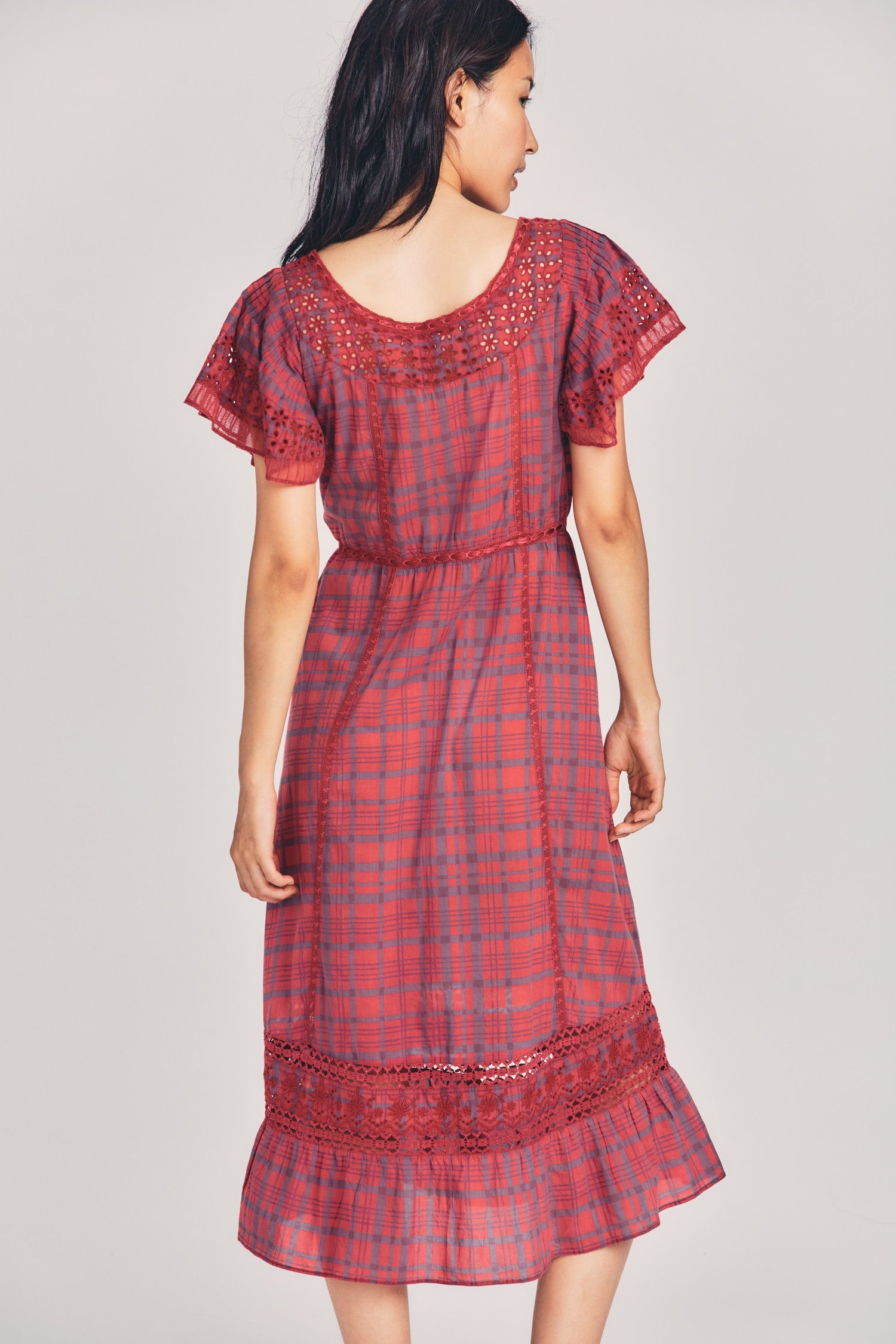 Womens faded red plaid print midi dress with embroidery and lace detailing and flutter sleeves