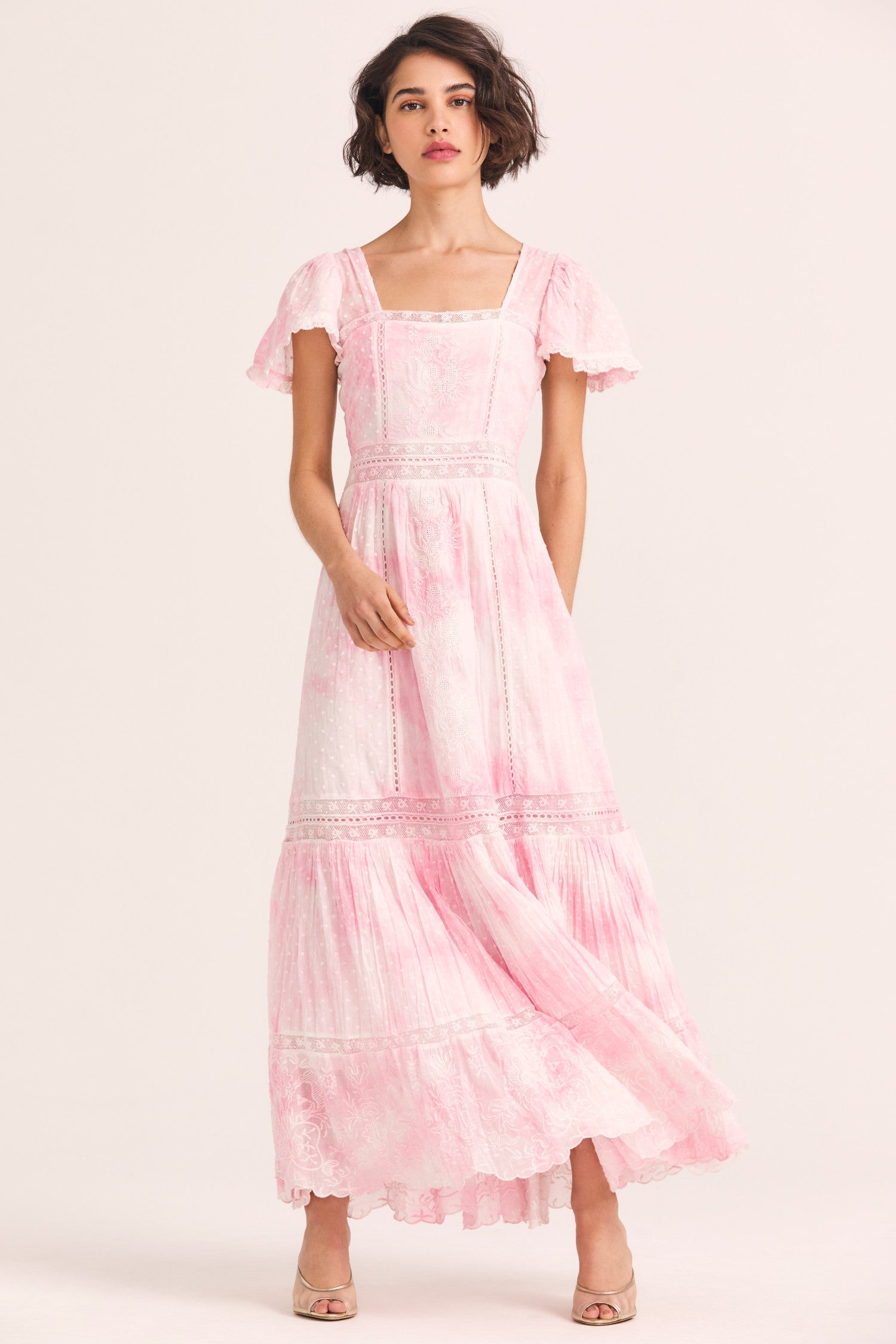 Womens light pink hand-dyed midi dress with square neckline and shirred sleeves