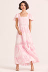 Womens light pink hand-dyed midi dress with square neckline and shirred sleeves