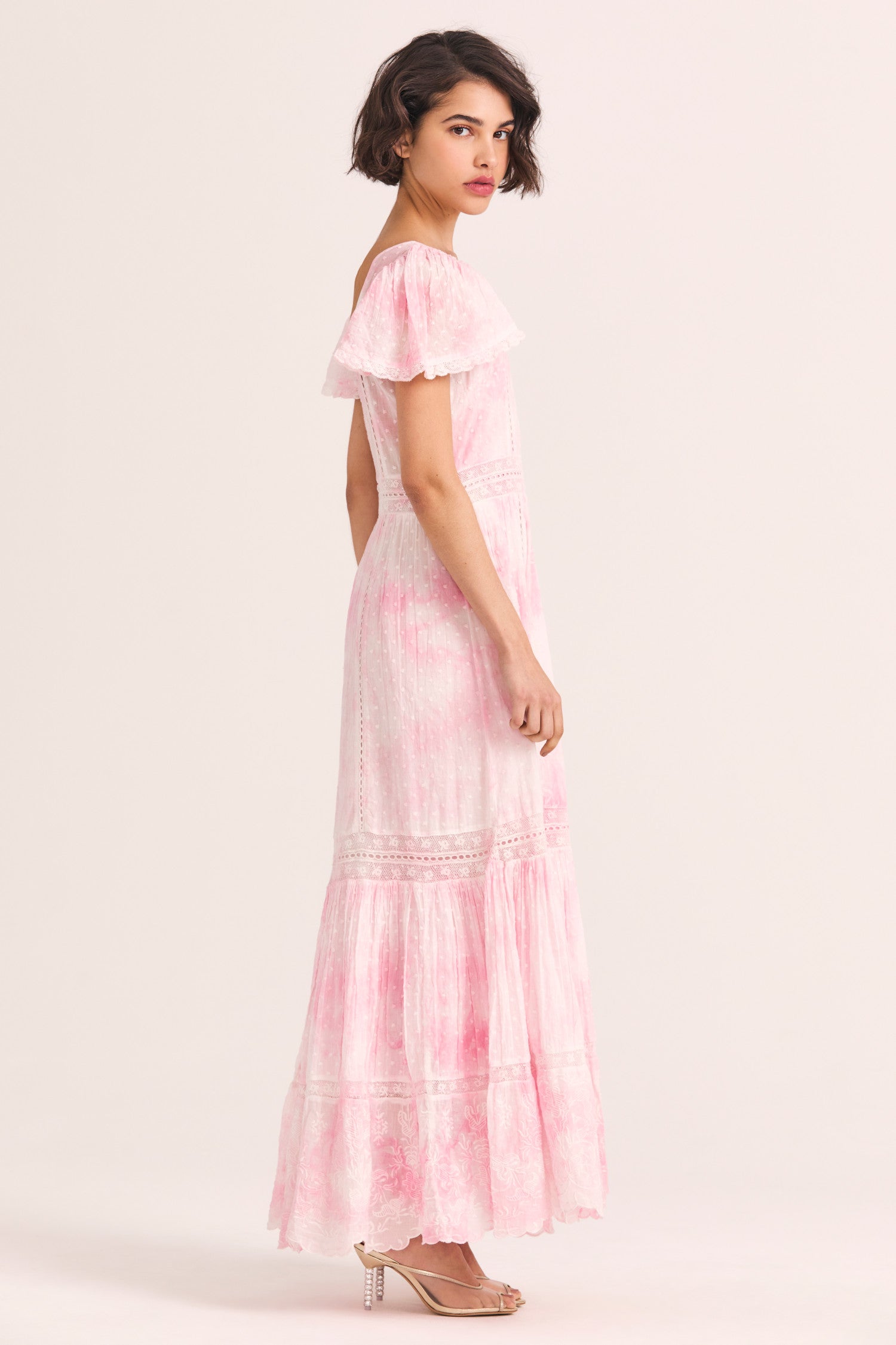 Womens light pink hand-dyed midi dress with square neckline and shirred sleeves