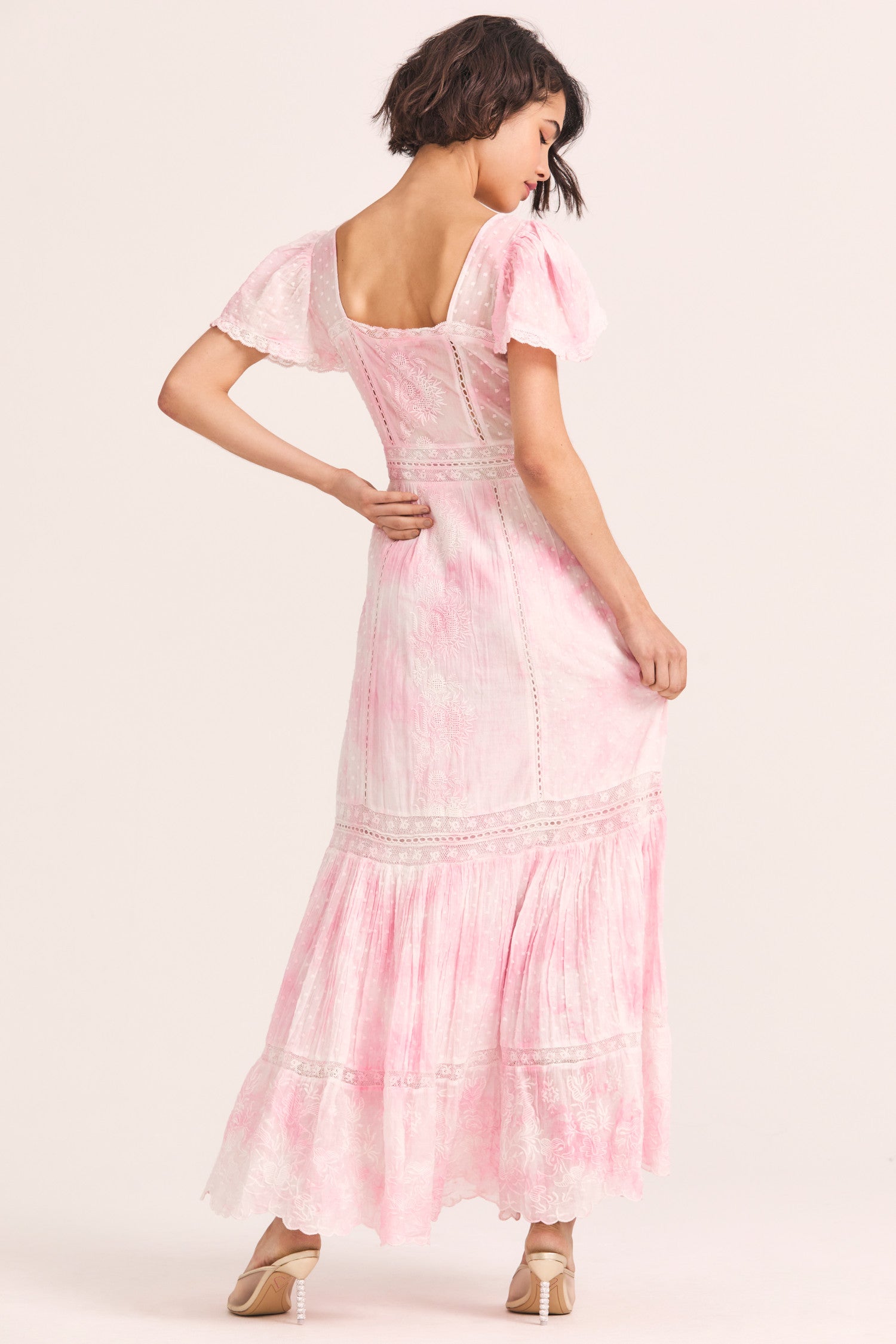 Womens light pink hand-dyed midi dress with square neckline and shirred sleeves