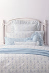This dreamy ensemble features a delicate blue floral pattern on a pristine white backdrop. Crafted from 100% cotton