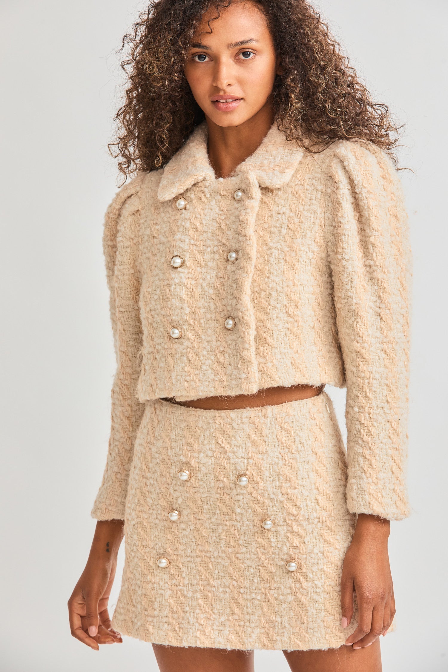 Women's beige houndstooth print cropped wool jacket