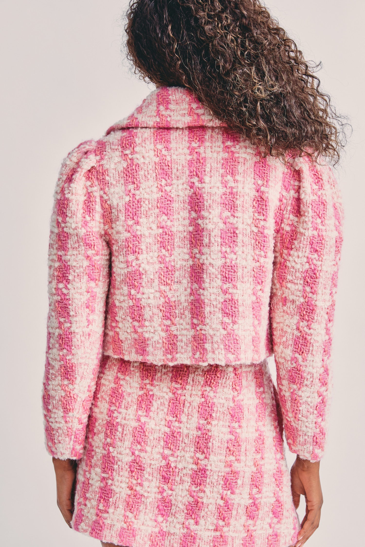 Women's pink houndstooth print cropped wool jacket