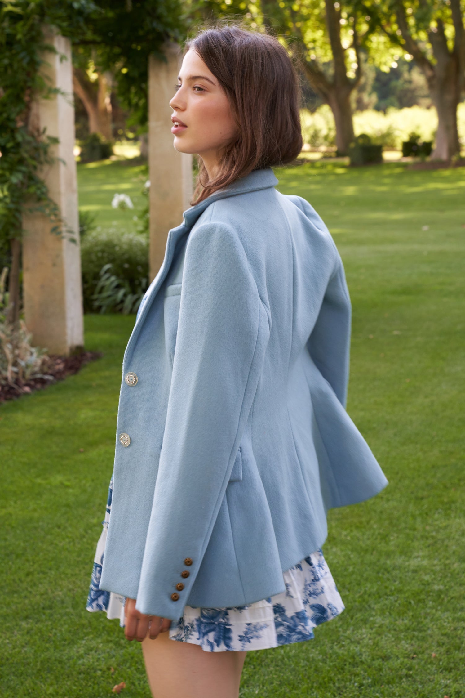 Women's blue blazer with floral print lining