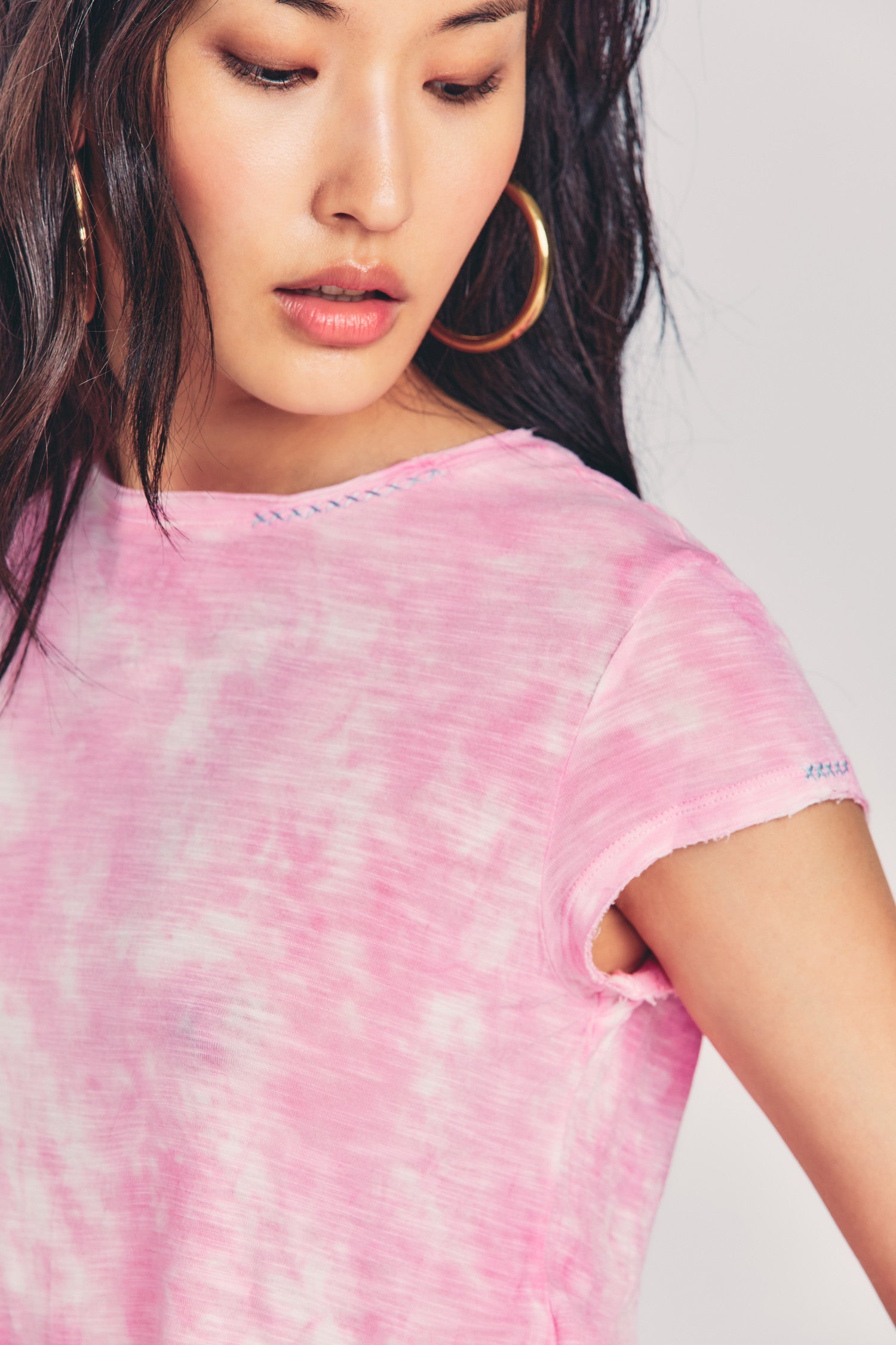 Womens pink hand tie-dyed cropped muscle tee with distressed edges