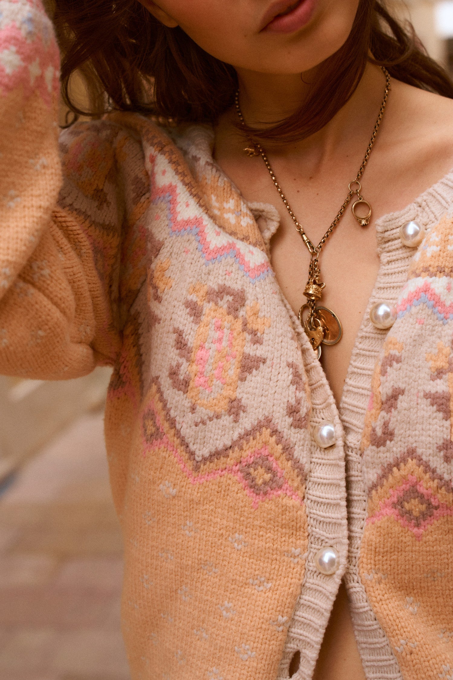 Women's orange oversized cardigan with fairisle motif