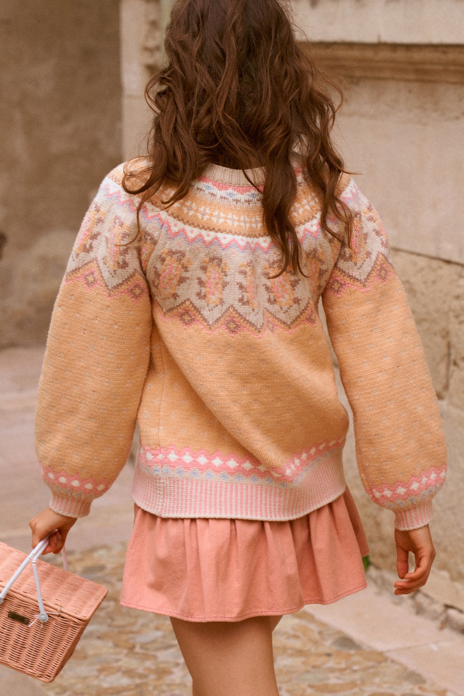 Women's orange oversized cardigan with fairisle motif