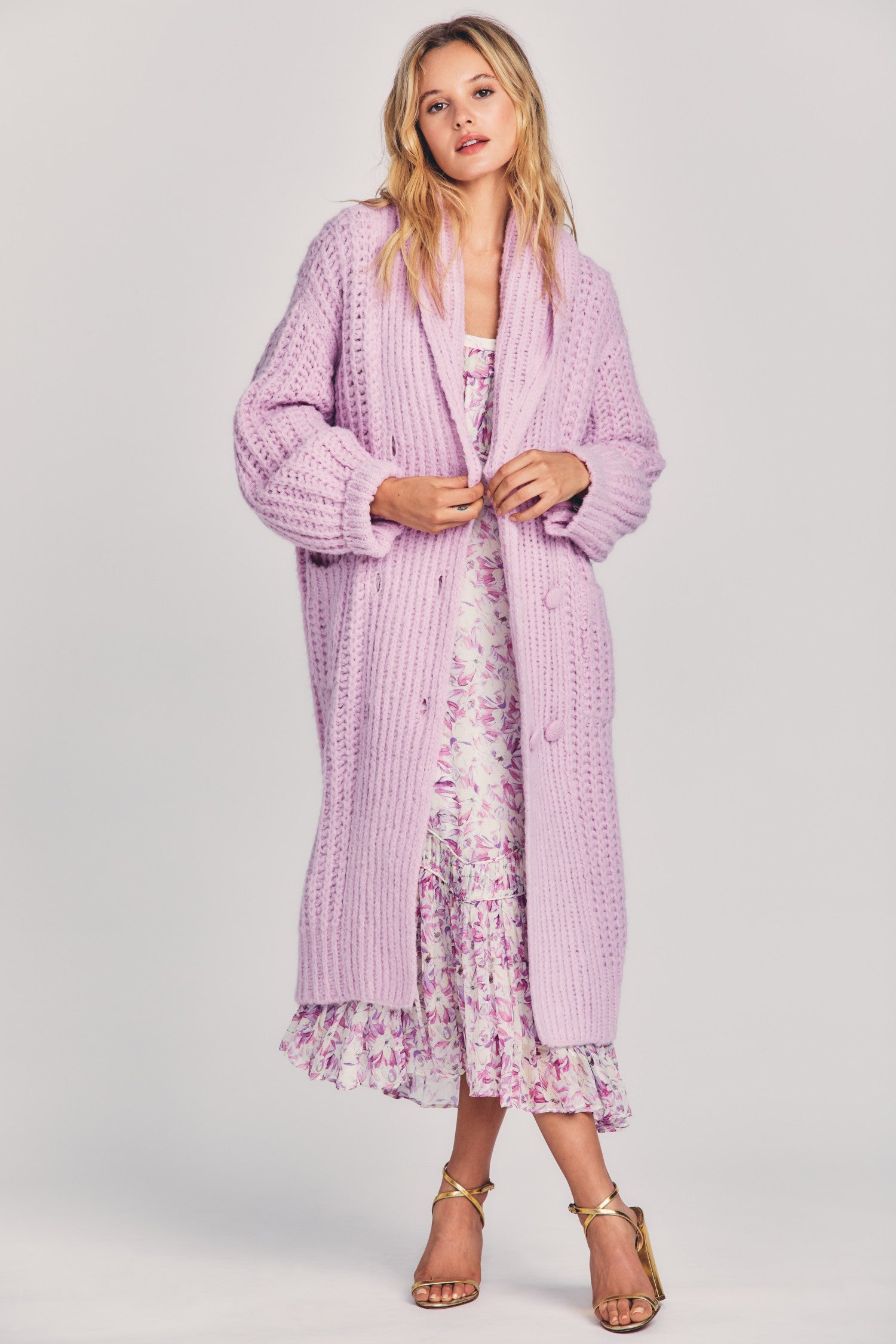 Women's pink  chunky, wool duster with oversized buttons and dropped shoulders