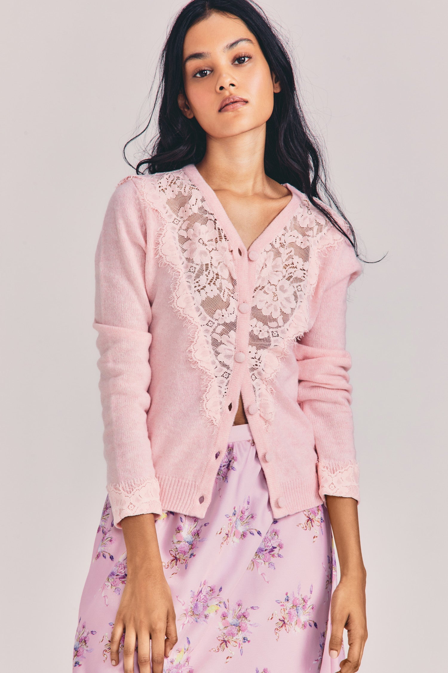 Womens vintage-inspired light pink cardigan with lace detailing down center