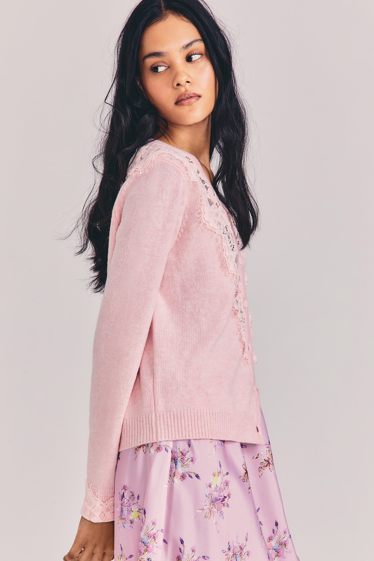 Womens vintage-inspired light pink cardigan with lace detailing down center