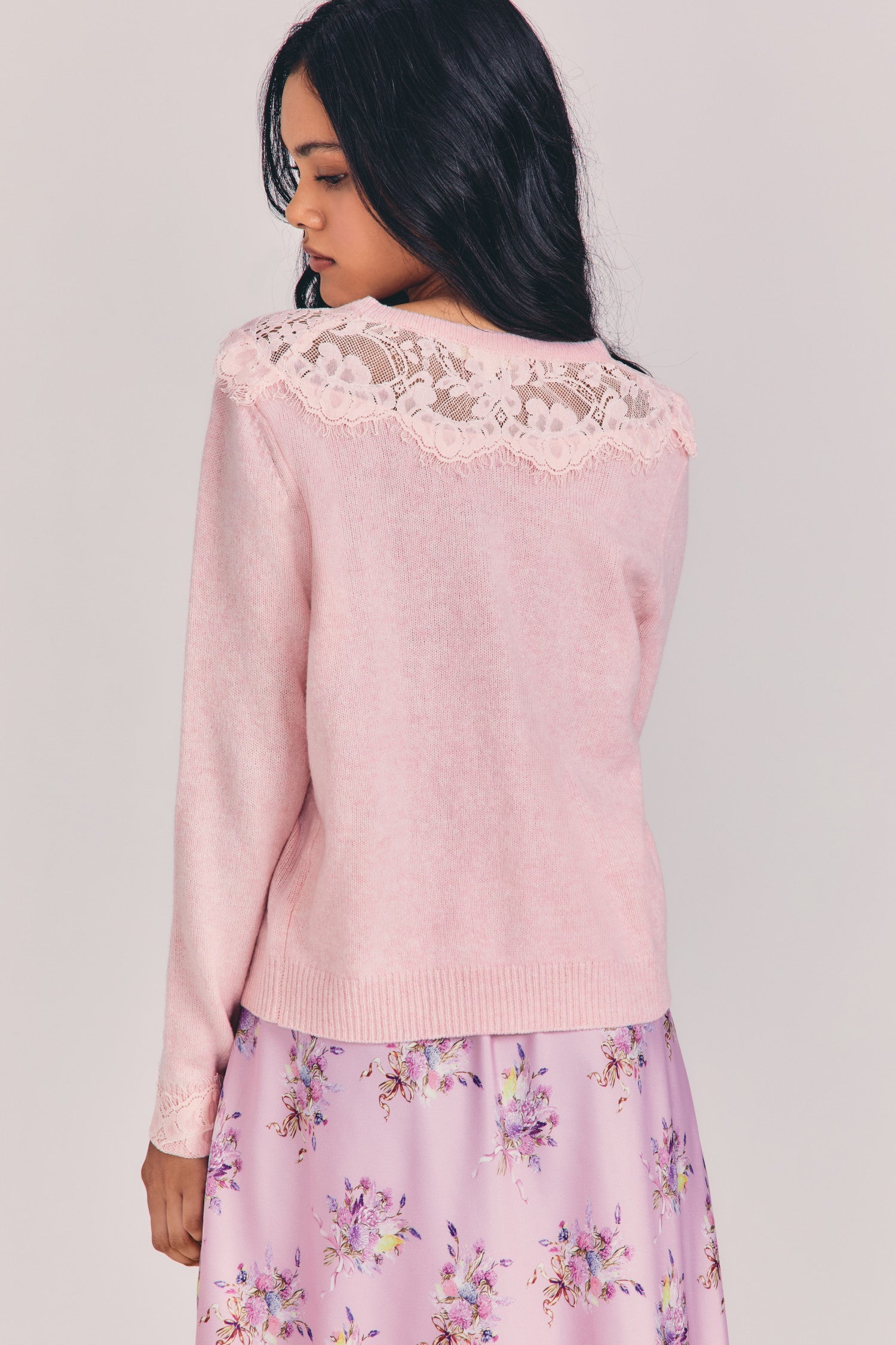 Womens vintage-inspired light pink cardigan with lace detailing down center