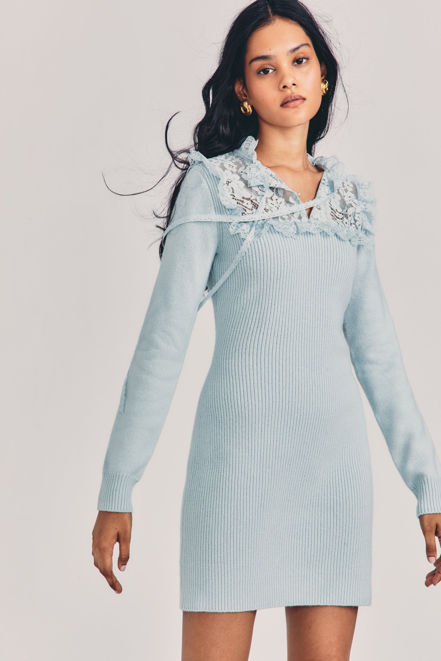 Womens light blue long sleeve mini dress with lace detailing and ties at top