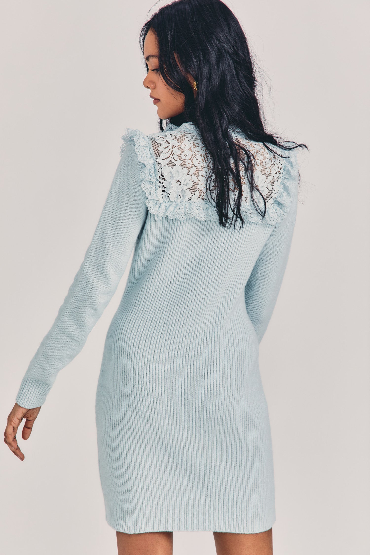 Womens light blue long sleeve mini dress with lace detailing and ties at top