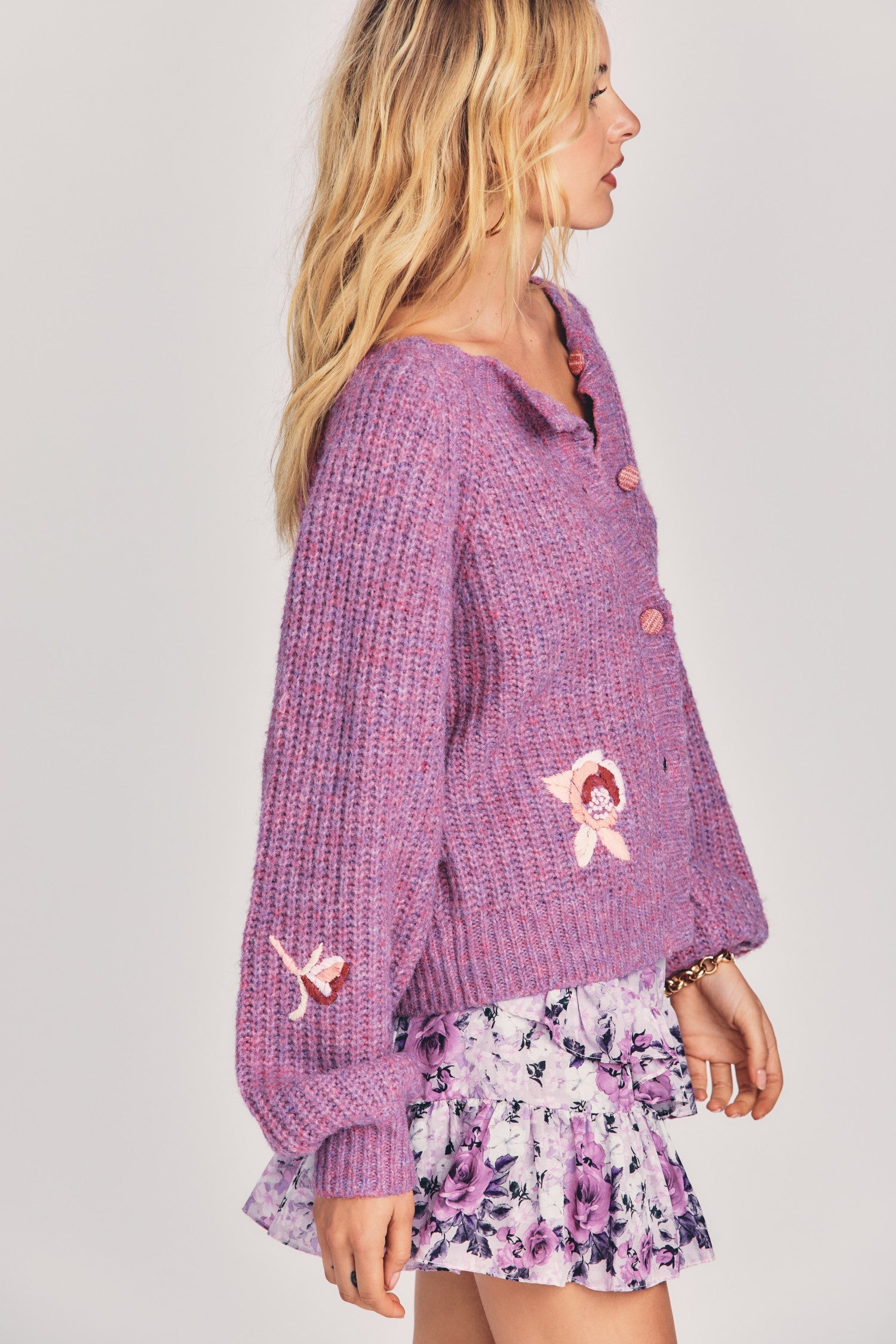 Womens ribbed purple wool cardigan sweater with embroidered flower detailing