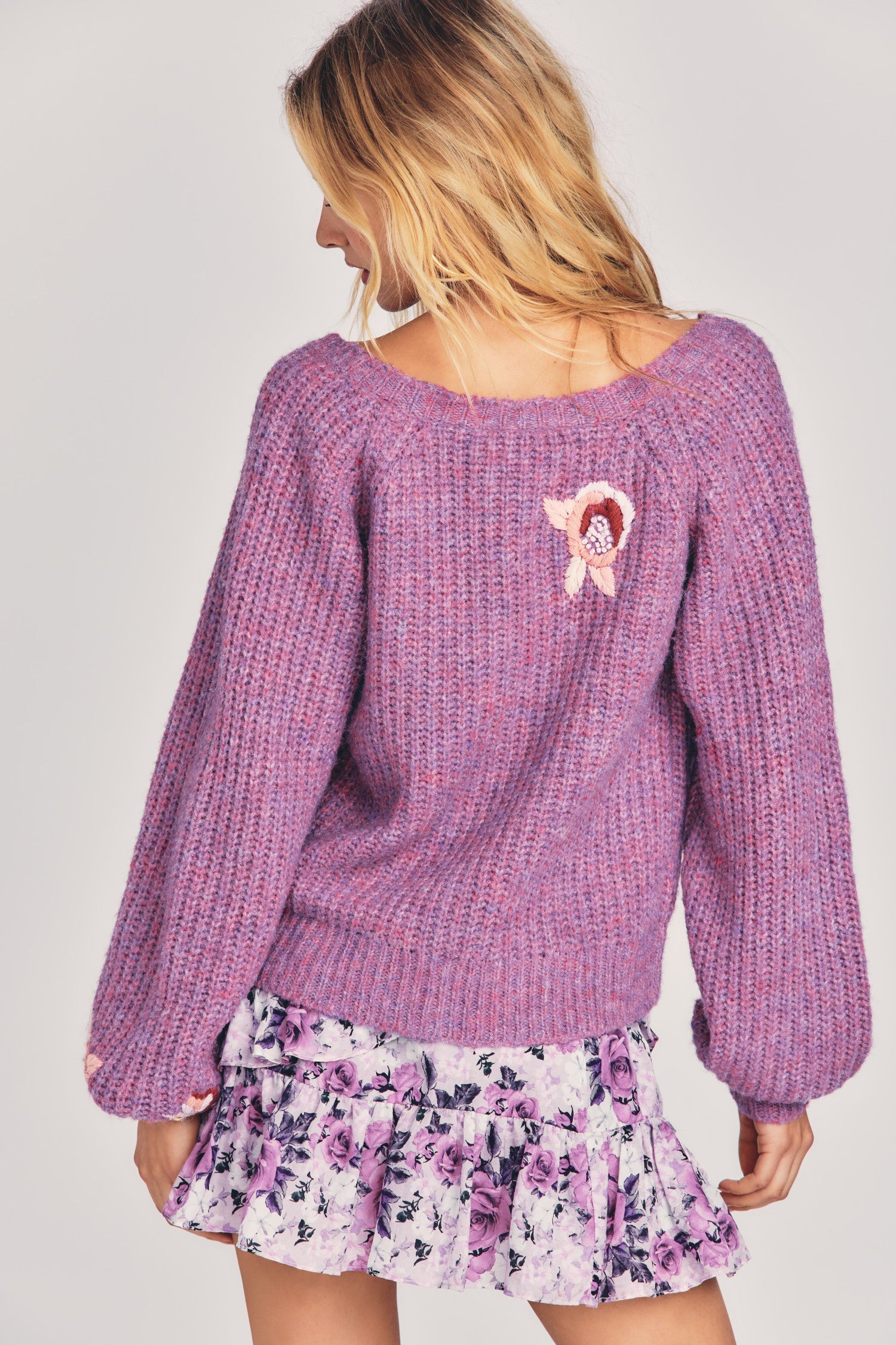 Womens ribbed purple wool cardigan sweater with embroidered flower detailing