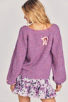 Womens ribbed purple wool cardigan sweater with embroidered flower detailing