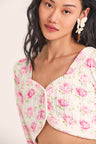 Womens cropped rose print cable knit long sleeve sweater