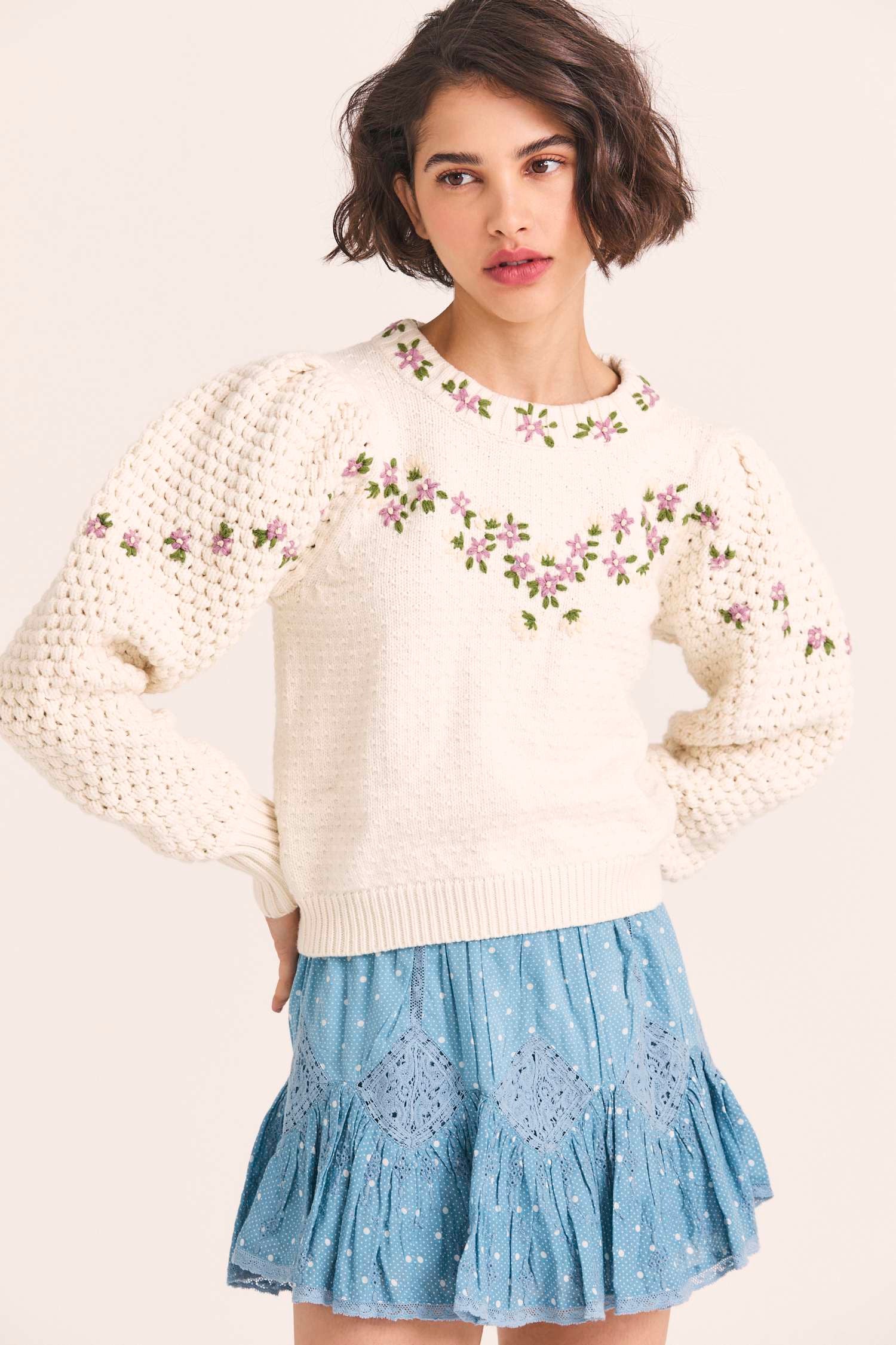 Women's hand-embroidered floral sweater