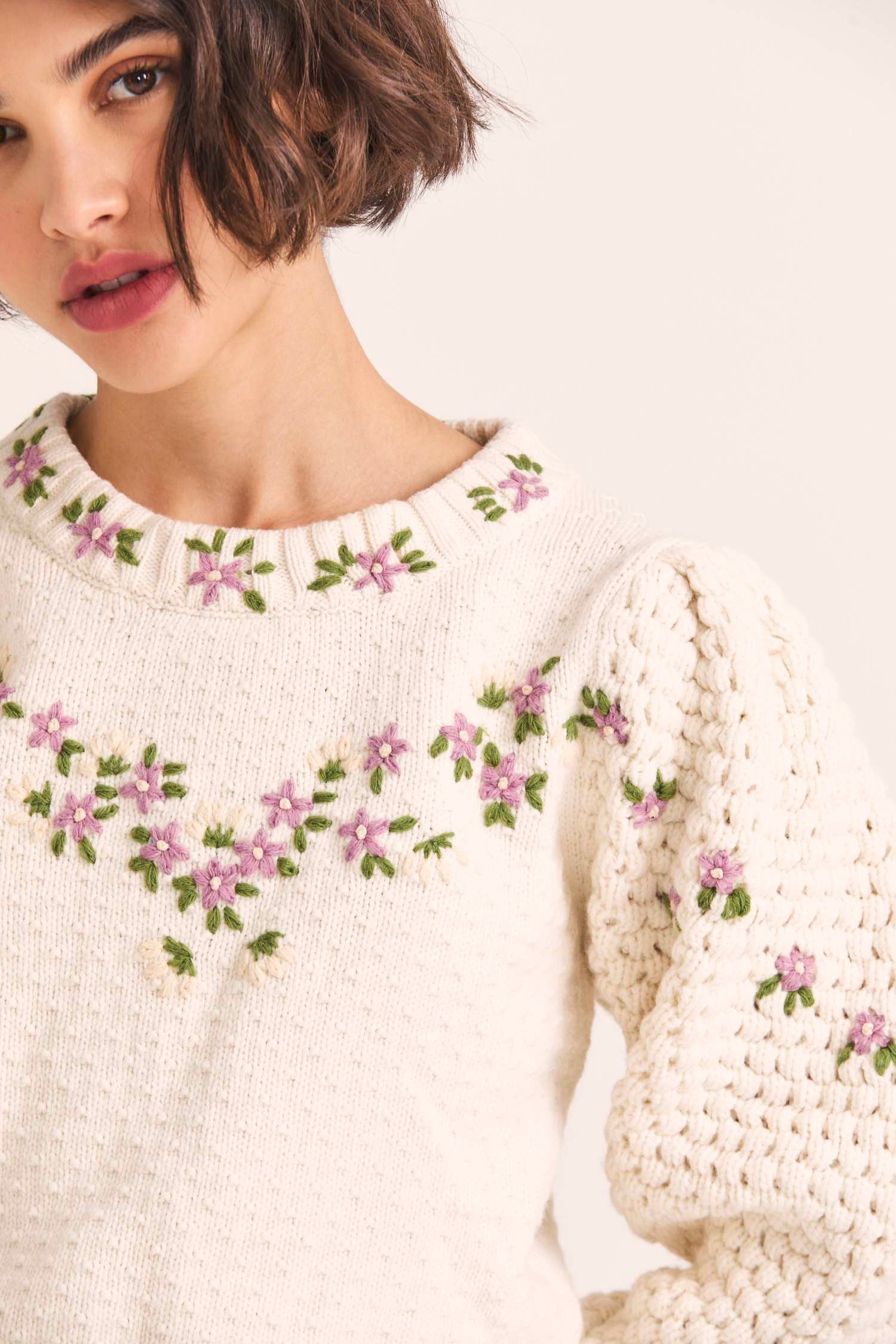 Women's hand-embroidered floral sweater