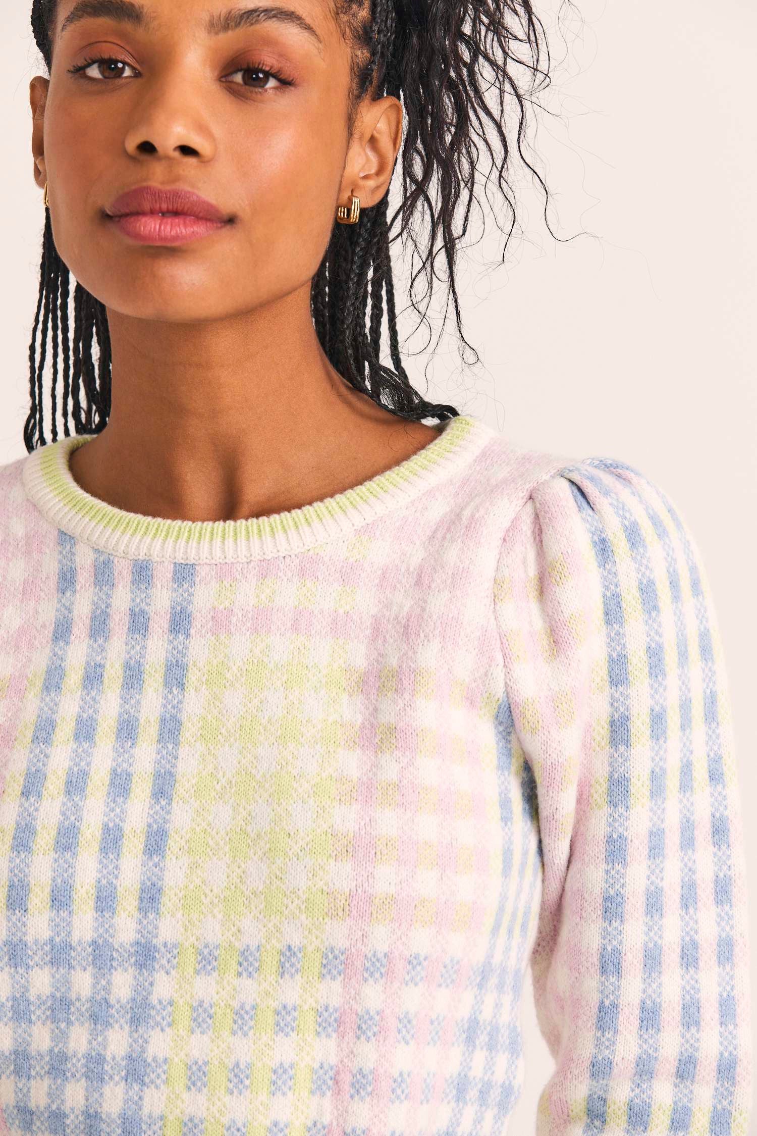 Women's check print cropped puff sleeve sweater