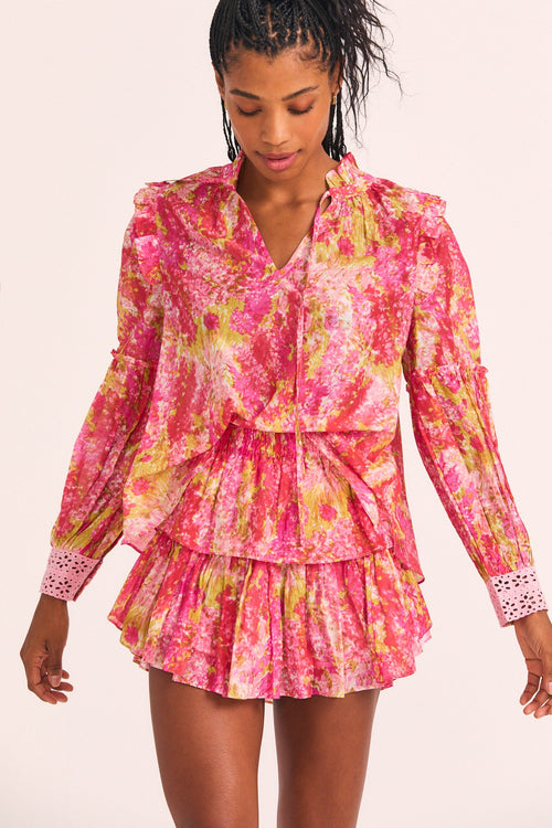 Women's coral hand-painted floral print ruffle mini skirt 