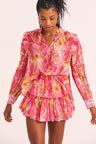 Women's coral hand-painted floral print ruffle mini skirt 