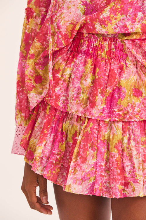 Women's coral hand-painted floral print ruffle mini skirt 