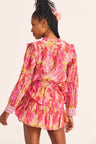 Women's coral hand-painted floral print ruffle mini skirt 
