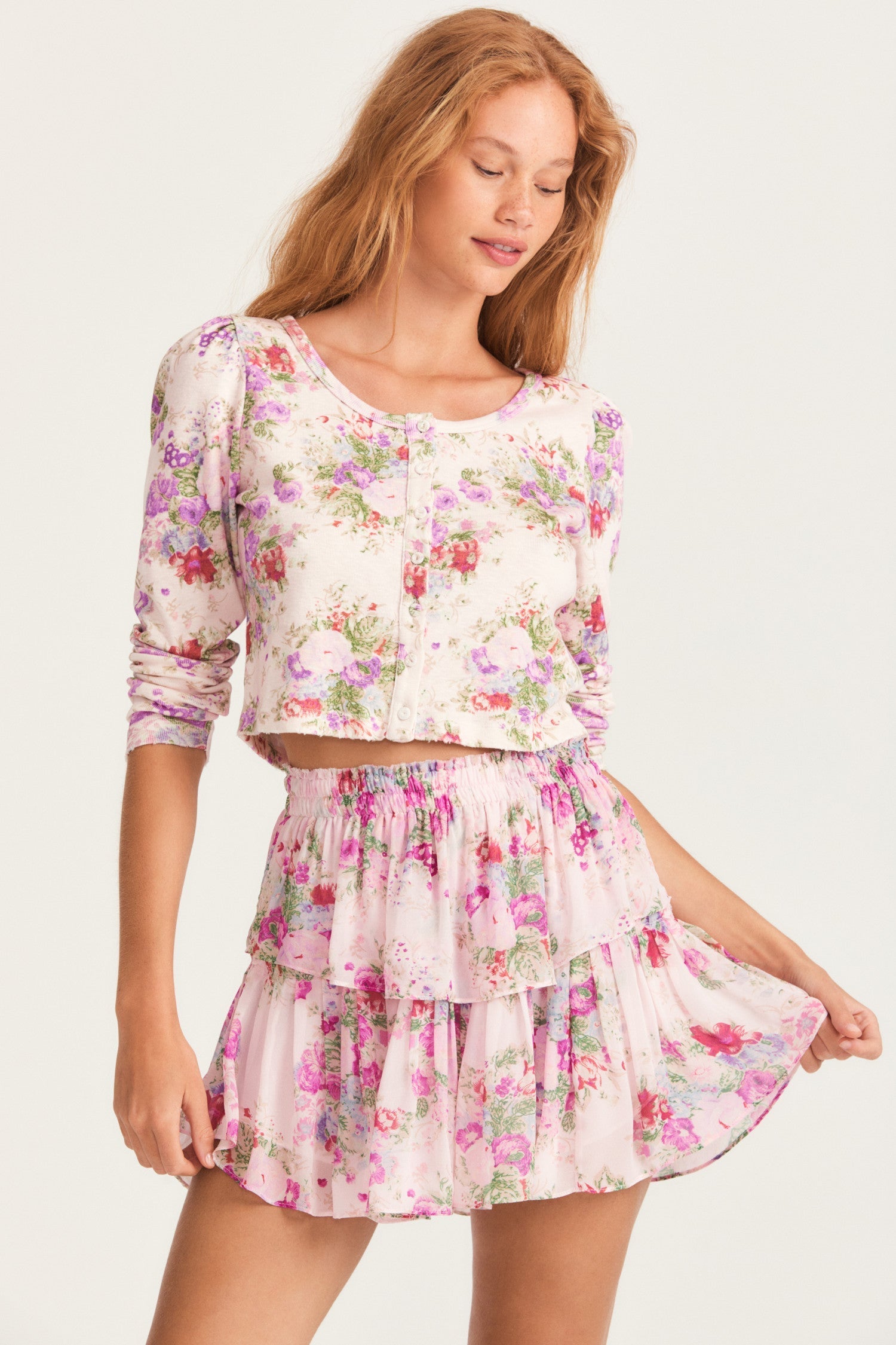 Womens ruffle mini skirt in full bloom floral