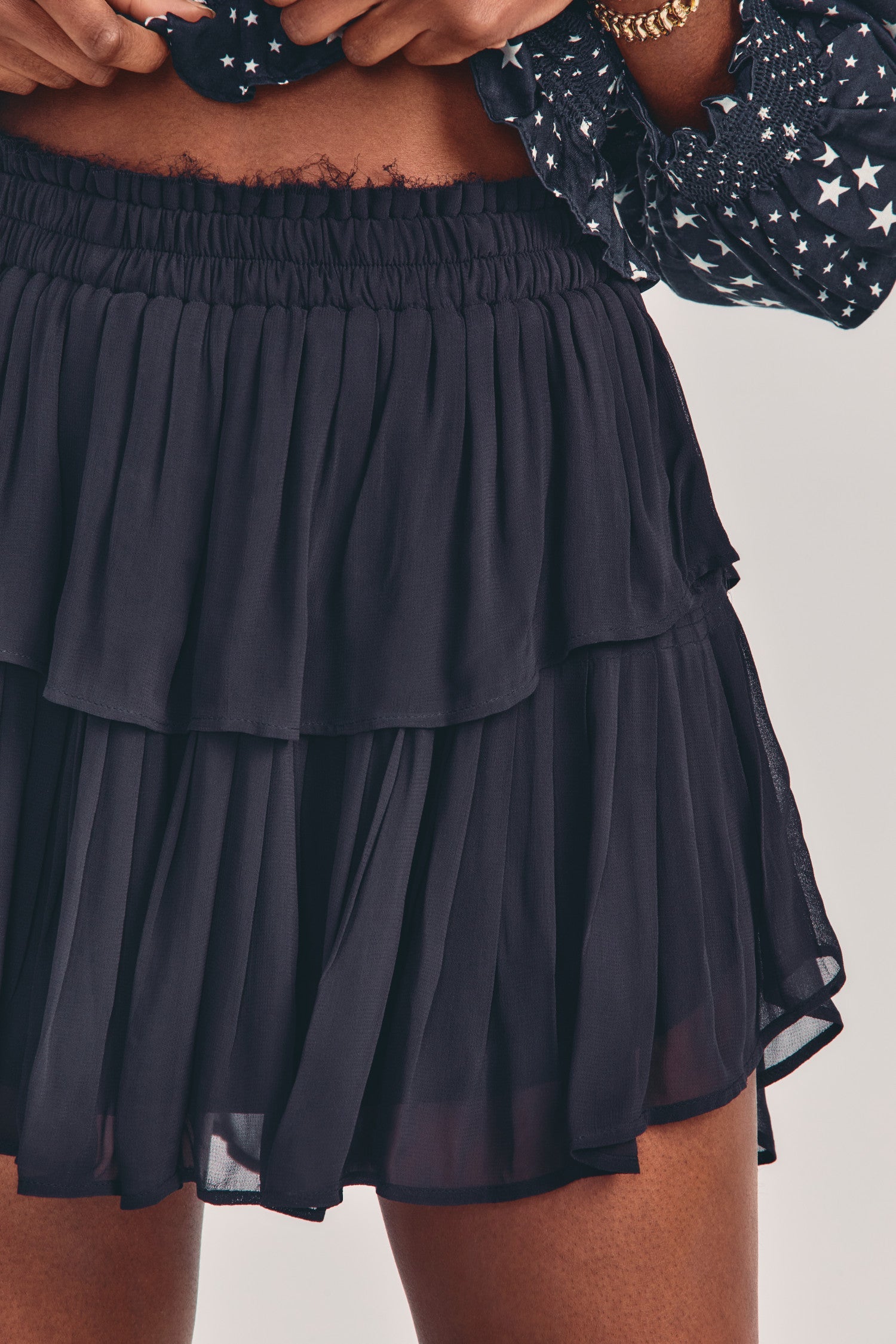 Womens black two-tiered ruffle mini skirt