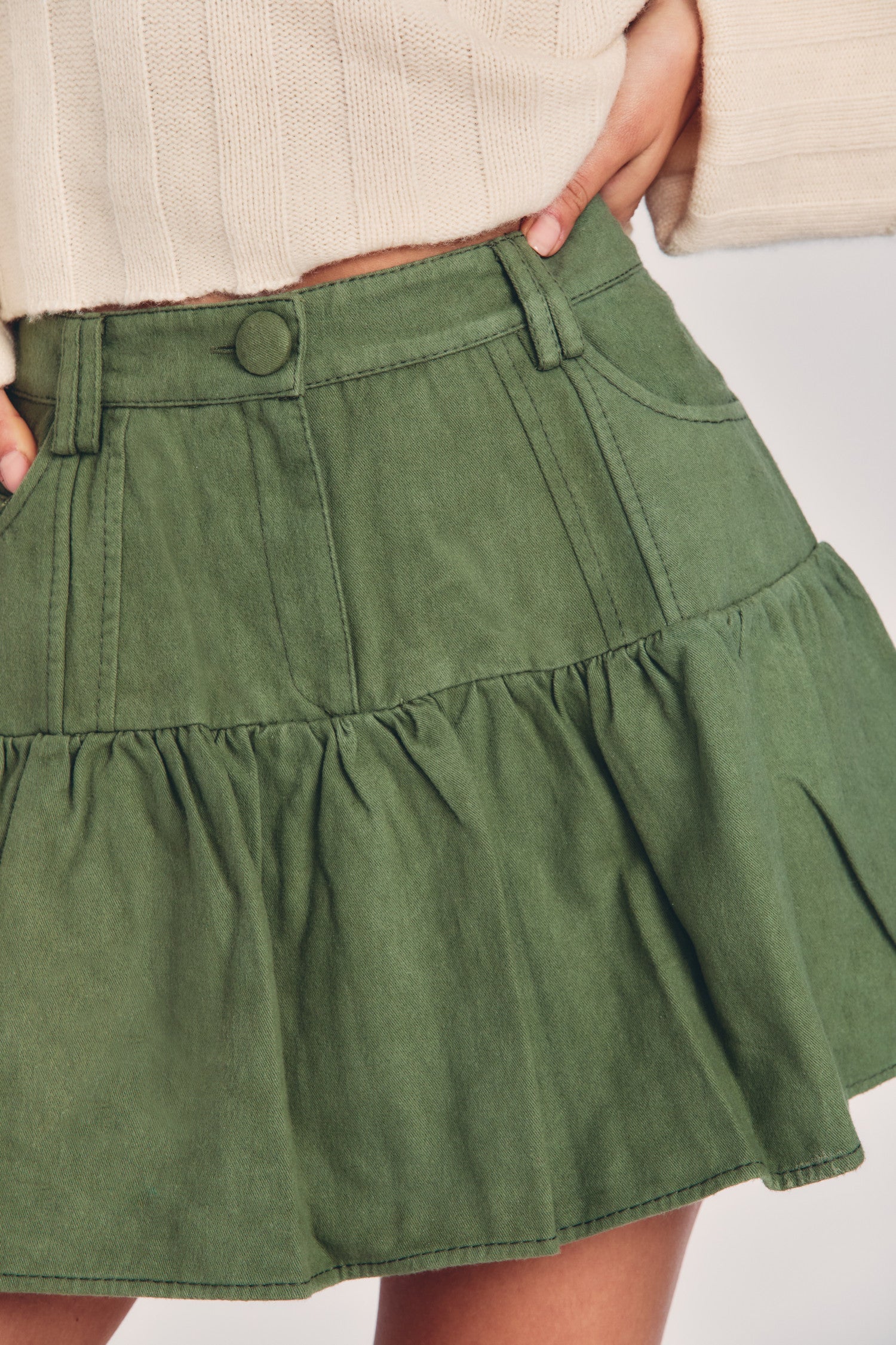 Women's green mini skirt in denim-like cotton