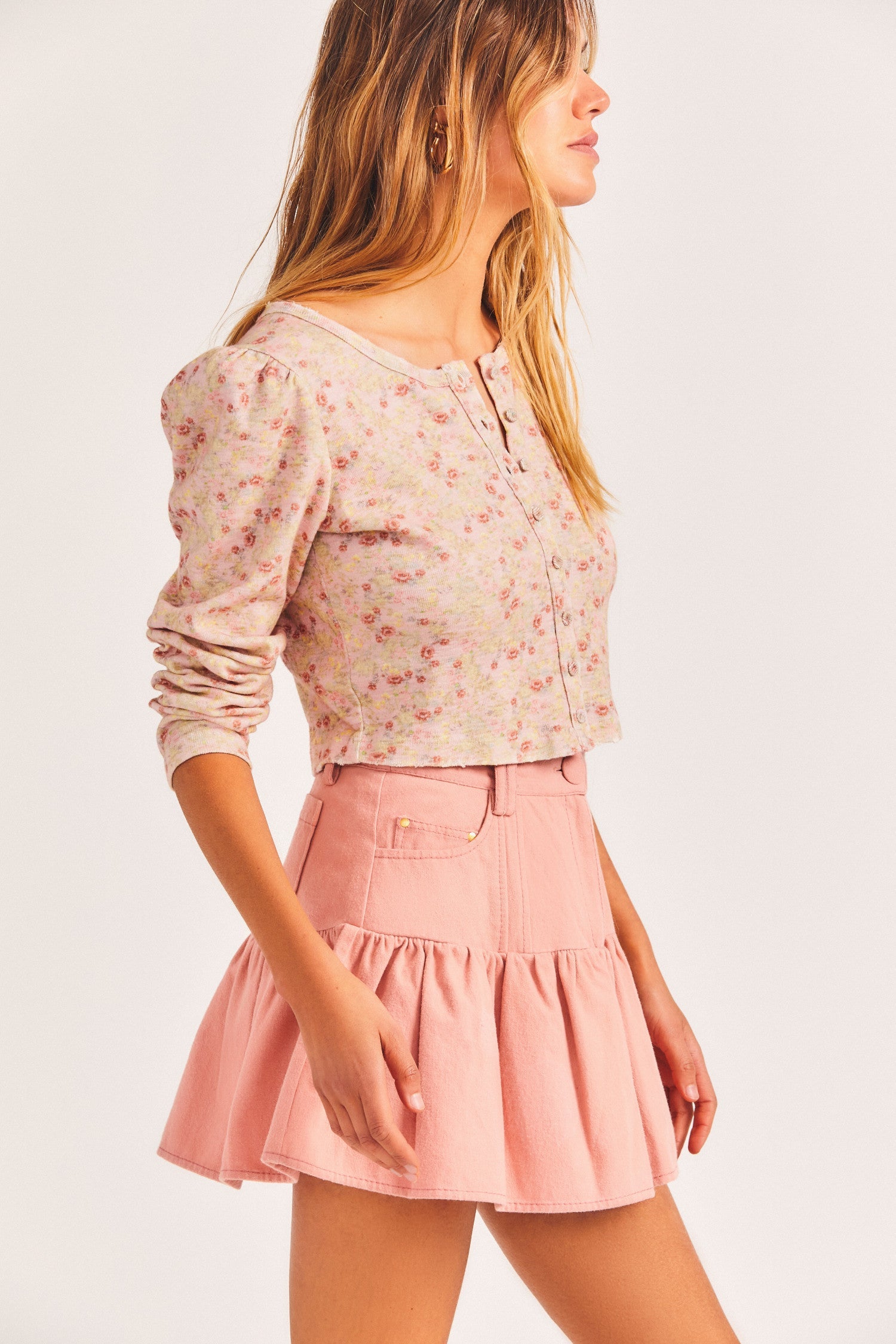 Women's pink mini skirt in denim-like cotton