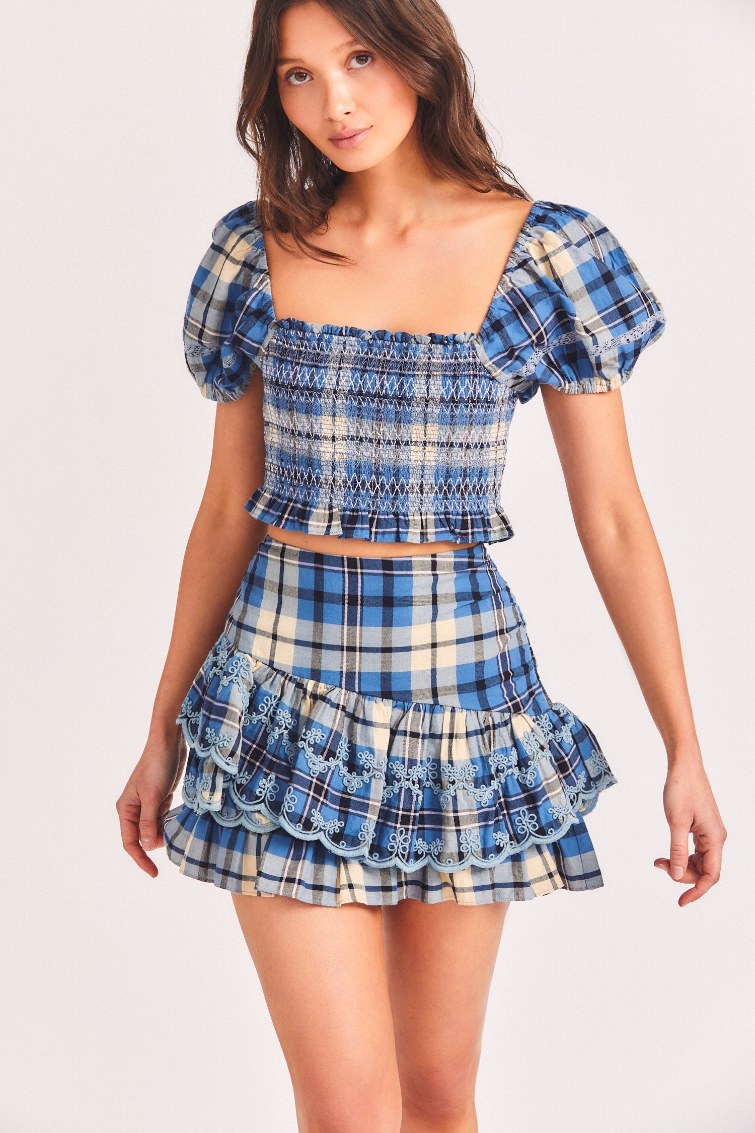 Women's blue plaid print mini skirt with asymmetrical hem