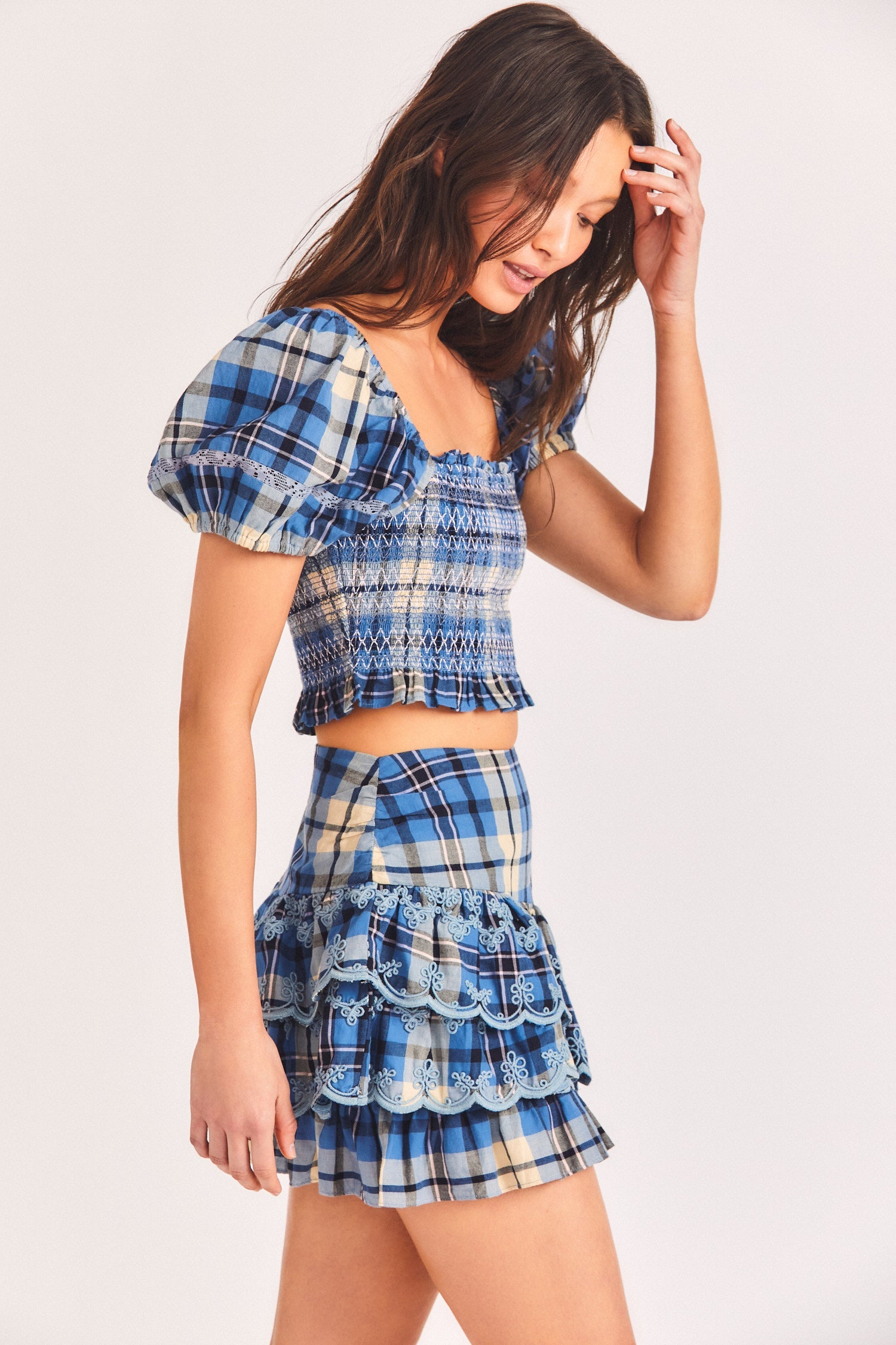 Women's blue plaid print mini skirt with asymmetrical hem