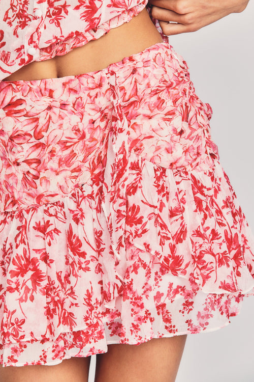 Womens red floral print mini skirt with ruffle detailing