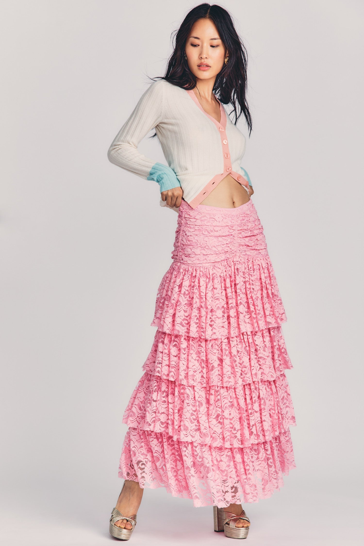 Women's pink maxi skirt with all-over tiered custom floral lace